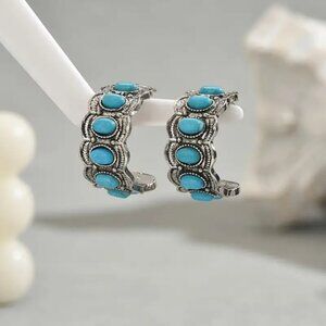 925 Sterling Silver Womens Turquoise Gemstone Hoop Earrings Ladies New Jewelry